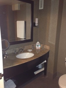 Bathroom setup at Hyatt Regency Bellevue.  (Not pictured - standard-sized shower/tub combo.)