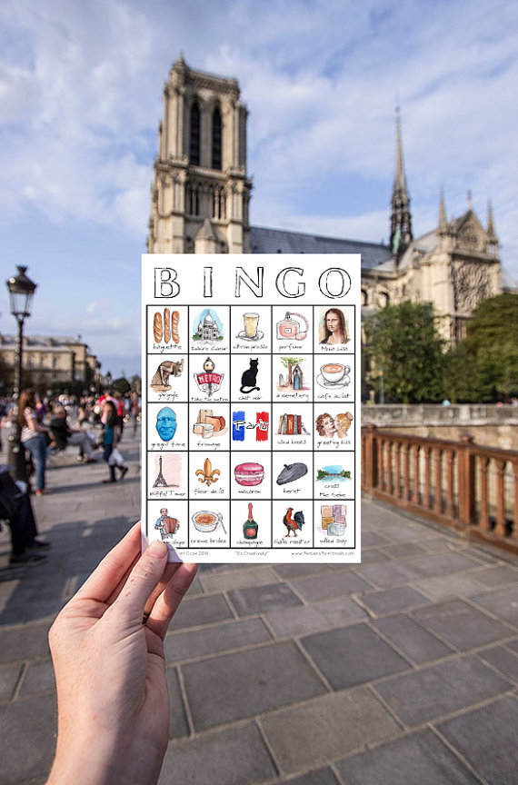 PRINTABLE Paris Travel Bingo - Illustrated Game Card for Creative Adventures in France - available from Etsy design shop Pen, Lens, and Paintbrush