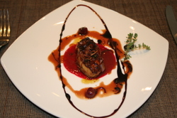 The second course is seared foie gras with a chocolate cherry reduction. 