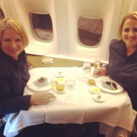 Jennifer & Rachel dining in Cathay First Class.