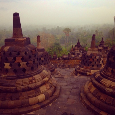 Stupas and morning mist.