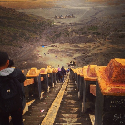 At the top of the Mt Bromo stairs, it's possible to see the Sea of Sand we crossed along with the vertical climb.