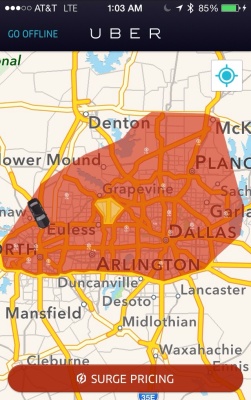 Here's is what the surge in Dallas/Fort Worth looked like at 1 am on New Years Eve 2014.  Multipliers ranged from 1.5 to 6.8.